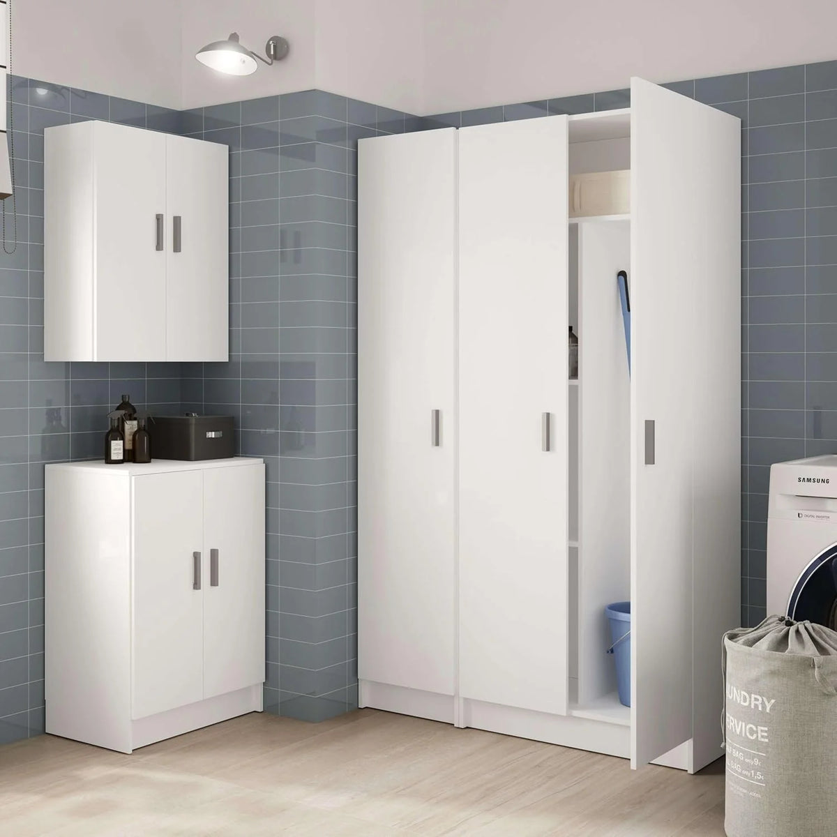 Habitdesign Multi-Purpose Wardrobe. Broom 2 Doors 3 Shelves. 180 x 73 x 37 cm (H x W x D – cm). Matt White