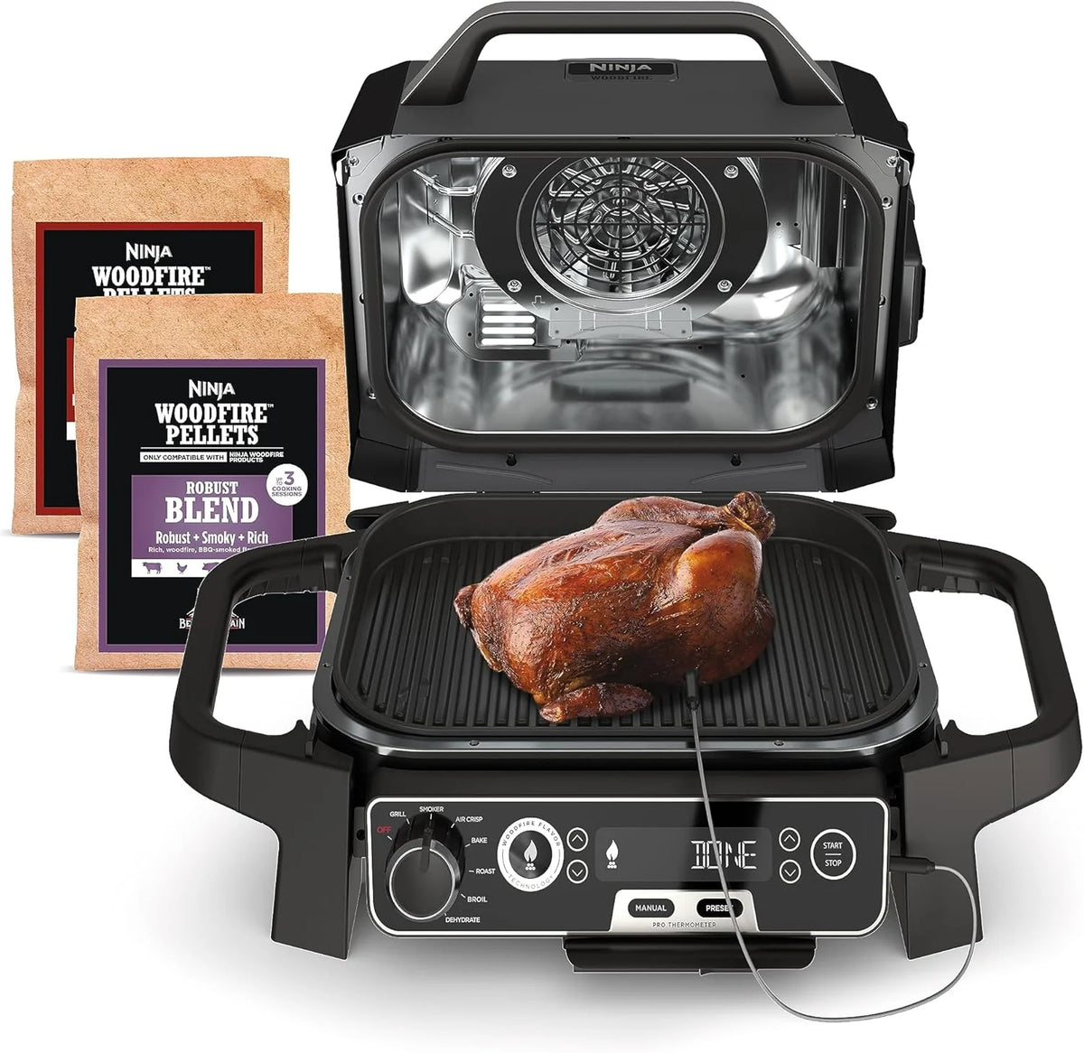 7-in-1 Multi-functional (Barbecue. Slow Roast. Bake. Air Fry. Dehydration. Grill. Smoking) | Portable and highly weather-resistant | Capable of cooking up to 6 steaks and 30 hot dogs | Includes wood pellet fuel