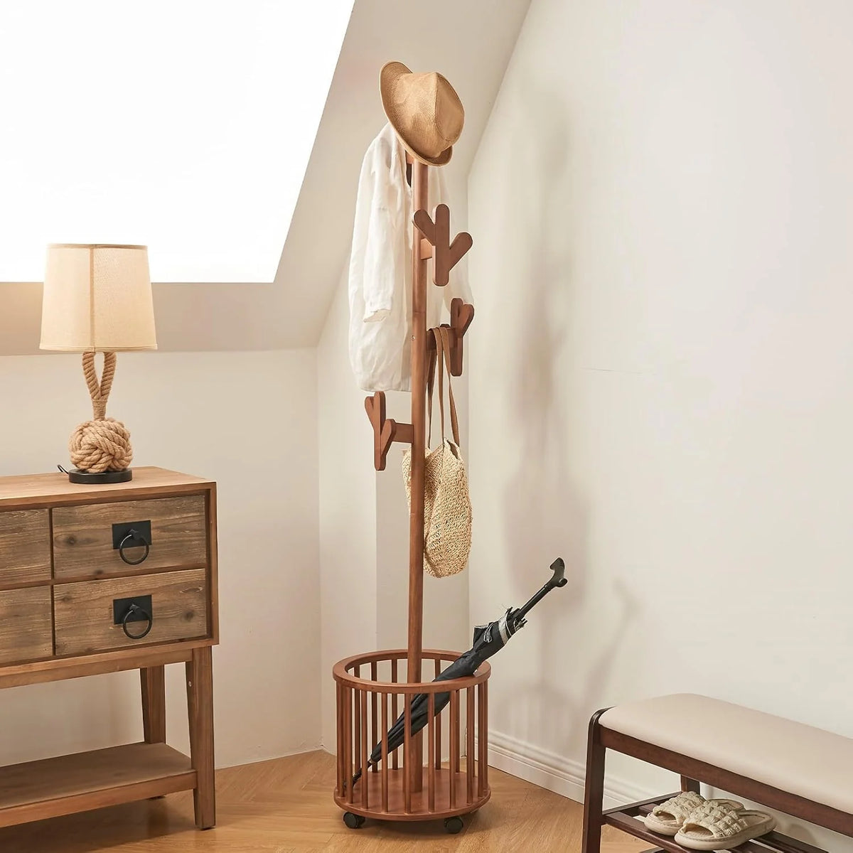 Wood Coat Rack Freestanding - Wooden Coat Tree Hat Rack with 12 Hooks. Clothes Coats Hanger Stand Rolling Racks with Umbrella Holder Wheels for Bedroom Entryway Hallway Livingroom (Walnut)
