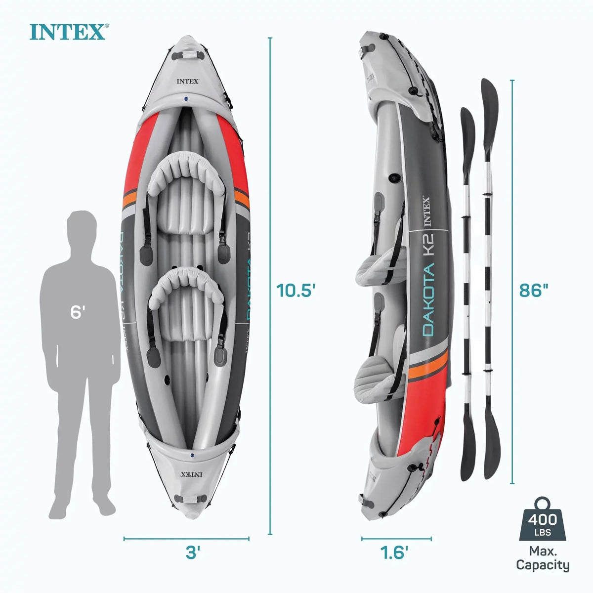 2025 Intex Dakota K2 Kayak inflable de vinilo para 2 personas. con remos y bomba – Caja abierta