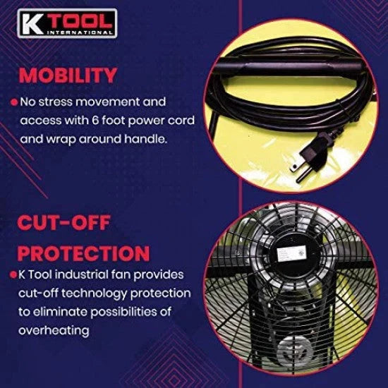 42′′ Belt Drive Drum Fan; Industrial. Garage. Shop. High Speed 2-Speed. Durable. Cut-Off Protection. Easy Mobility Rubber Wheels; SAFETY YELLOW.