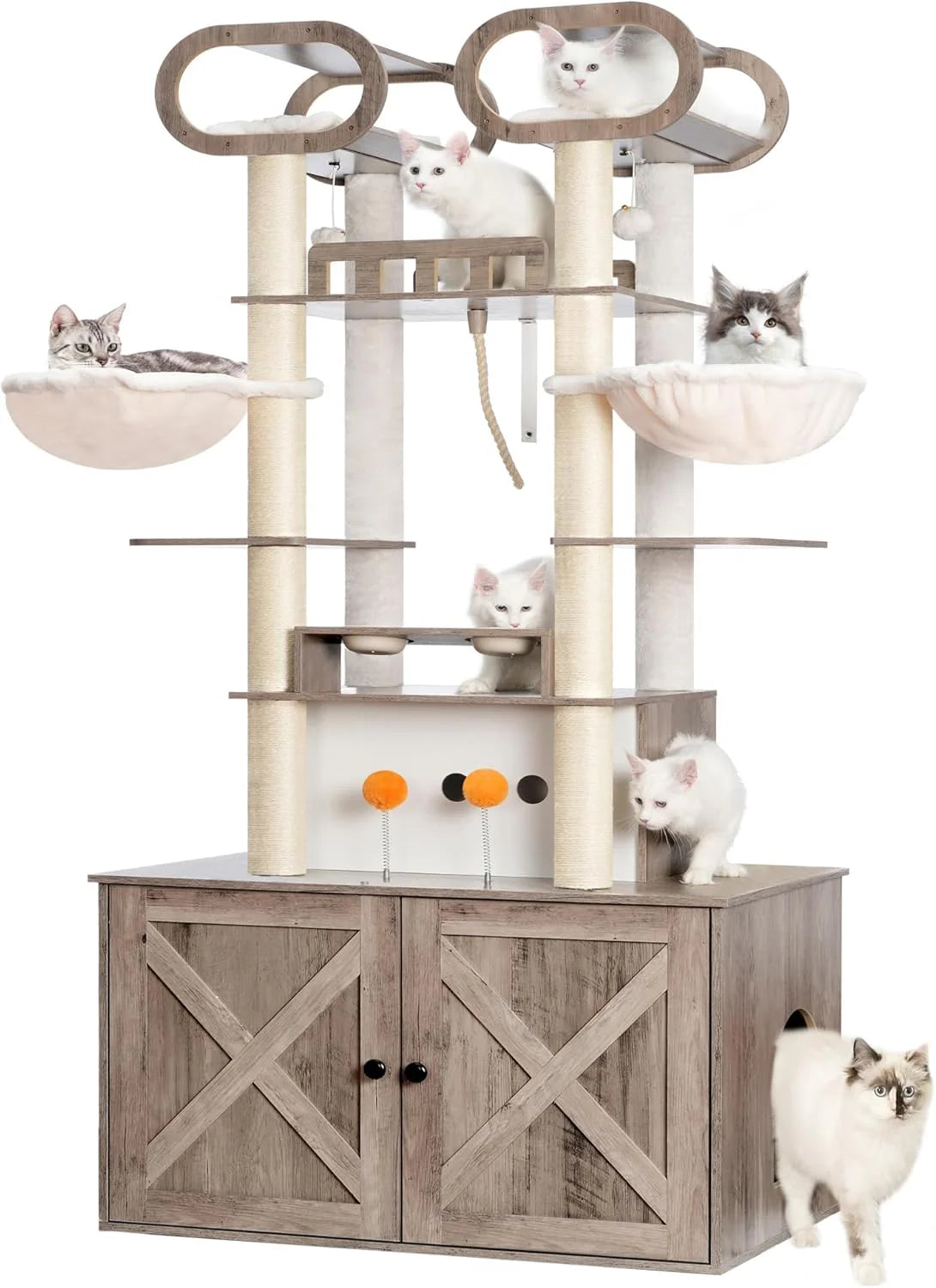 The Habori cat climbing frame with cat litter box storage box. a 76.8-inch wooden Menicos cat tower. equipped with a feeding station and a large platform. modern-style large cat apartment furniture. with a climbing column made of full Nisaal material