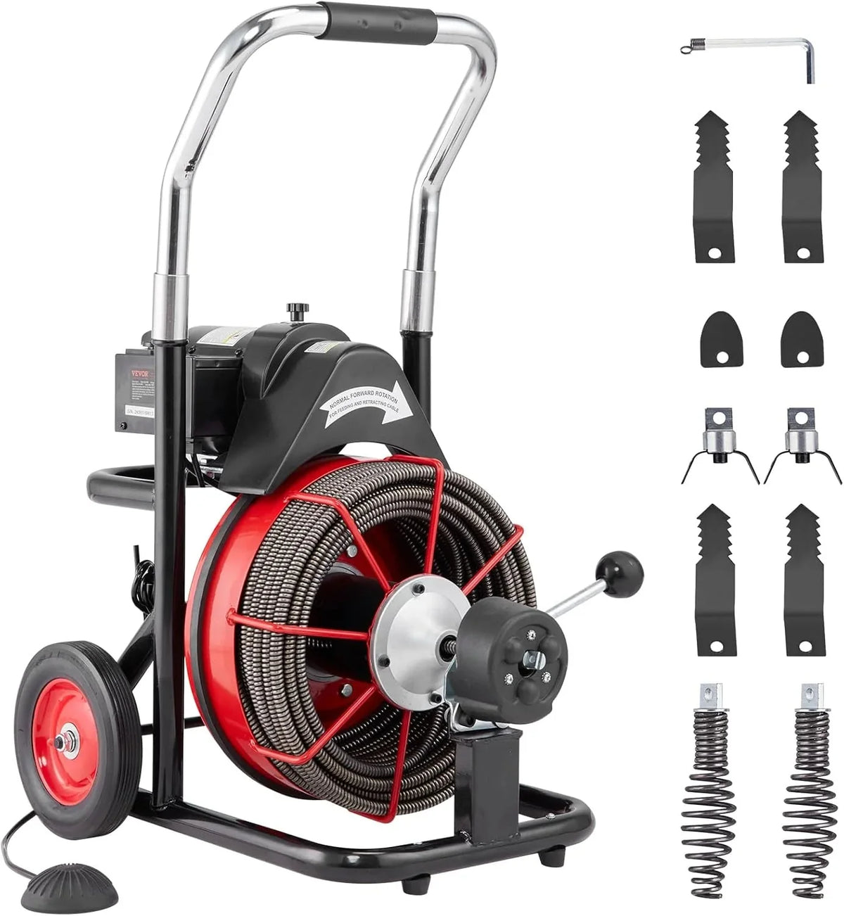 550W Drain Cleaning Machine. 100-Ft. x 1/2-Inch Sewer Snake Auger with 8 Cutters. Wheels and Foot Switch. for 2-4-Inch Pipes