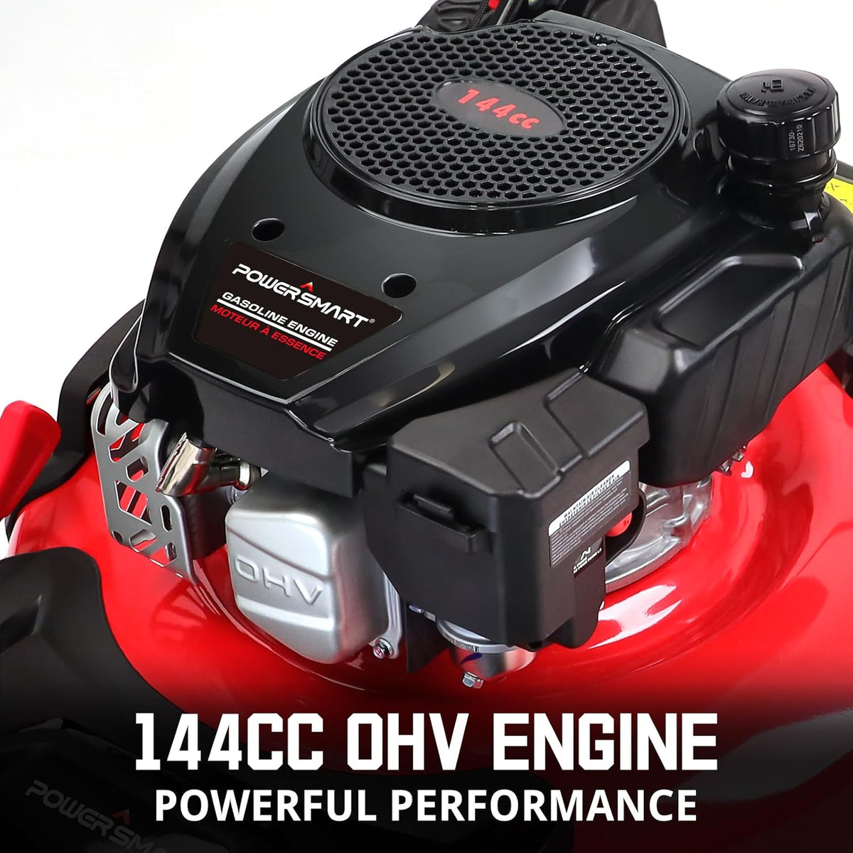 21-inch gas-powered lawn mower. equipped with a 144cc four-stroke all-terrain engine. featuring both crushing and side-discharge functions. with adjustable cutting height ranging from 6 positions.