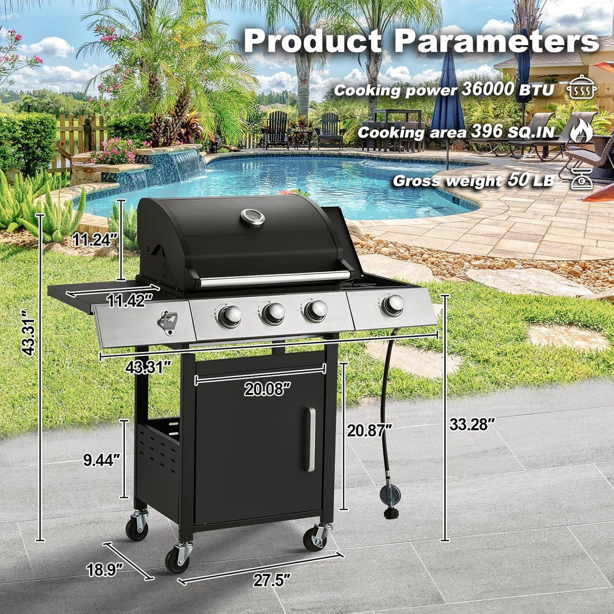 4-Burner Propane Gas Grill with Cast Iron Grates. Side Stove and 44.000 BTU Stainless Steel Burners