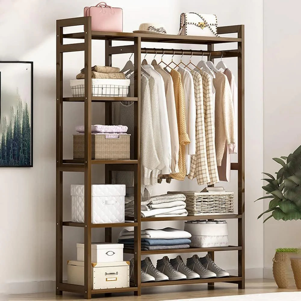 Floor-Standing Solid Wood Rotating Coat Rack .Portable Bamboo Clothes Rack - Versatile Closet Organizer with Storage Shelves and Compartments for Bedroom. Entryway. or Living Room - Stylish a