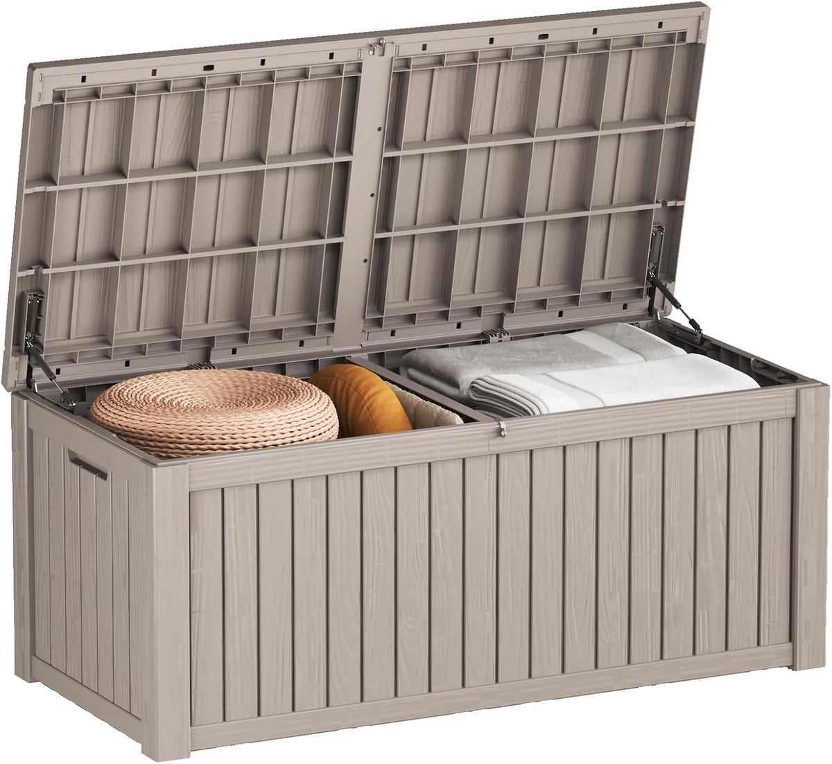 260-gallon large outdoor storage XL outdoor box. suitable for garden furniture. outdoor cushions. garden tools. sports equipment and pool supplies. Made of waterproof resin material. lockable. in gray color scheme.
