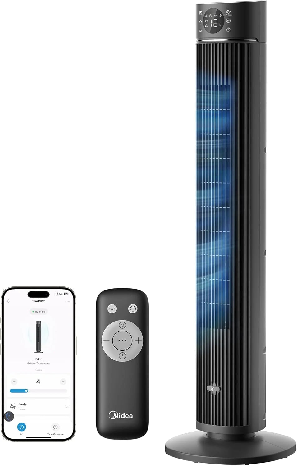 Midea FZ10-26ARDW Smart Leiser Turmventilator mit Fernbedienung. 19 dB Flüsterleise. DC-Motor. 4 Modi & 12 Stufen. 24h Timer. App-Steuerung für