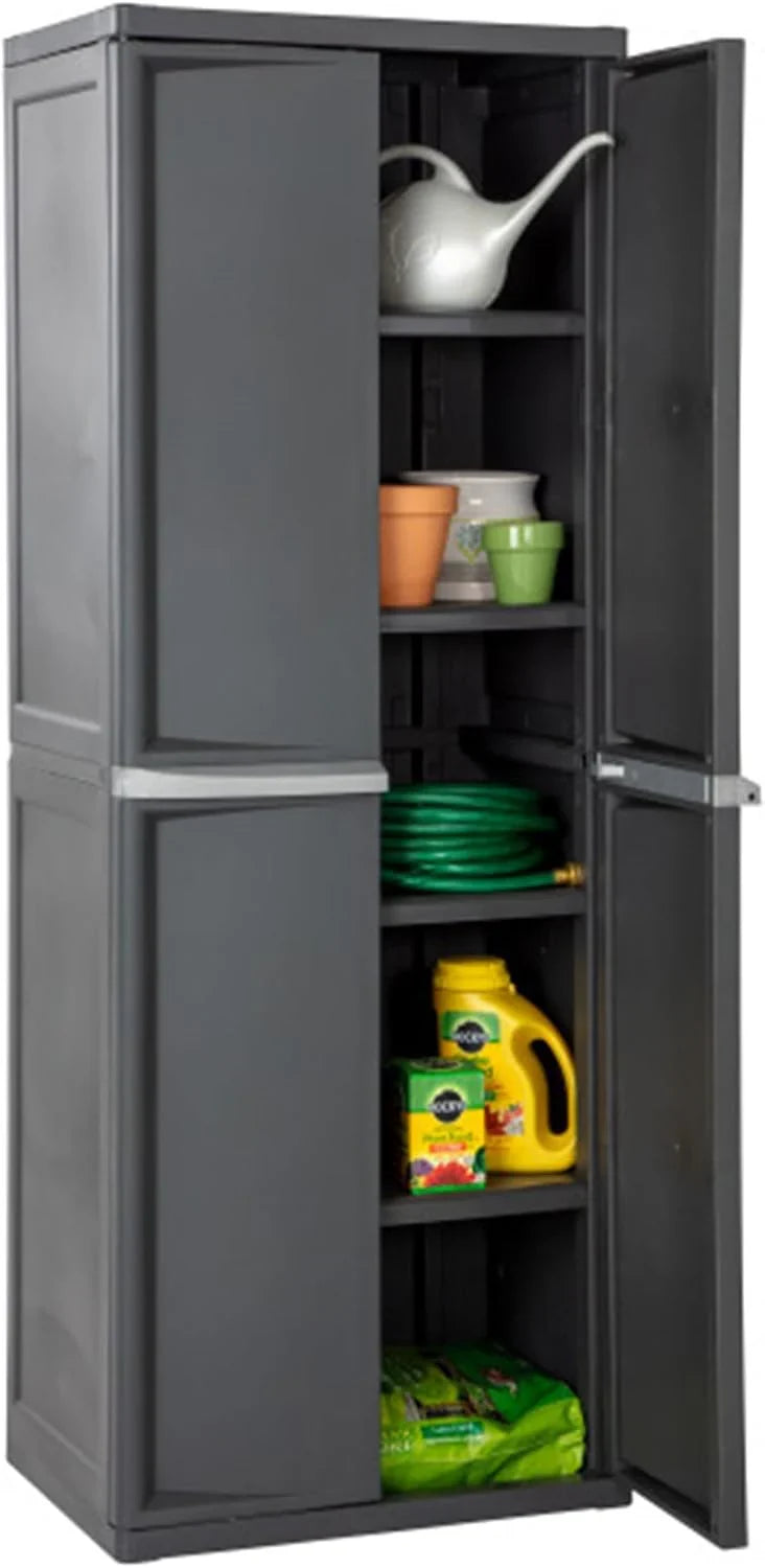 Storage Cabinet. Rugged Plastic Garage Organizer with Double Doors. 4 Adjustable Shelves. Gray
