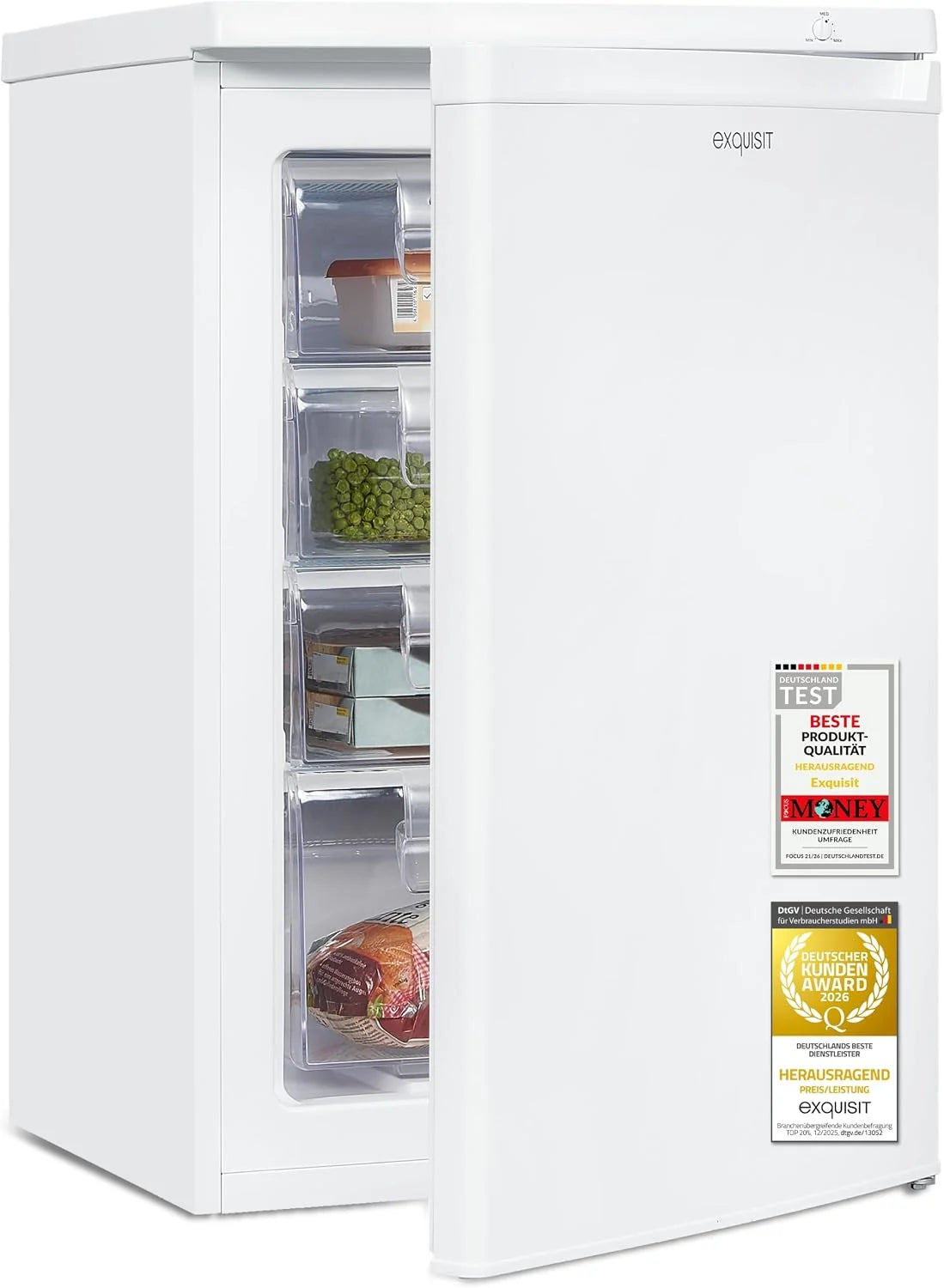Exquisit Gefrierschrank | 91 l Nutzinhalt. Energieeffizienzklasse E. 40 dB(A) | kompakte Bauform. 4-Sterne-Gefrieren. manuelle Temperaturregelung.