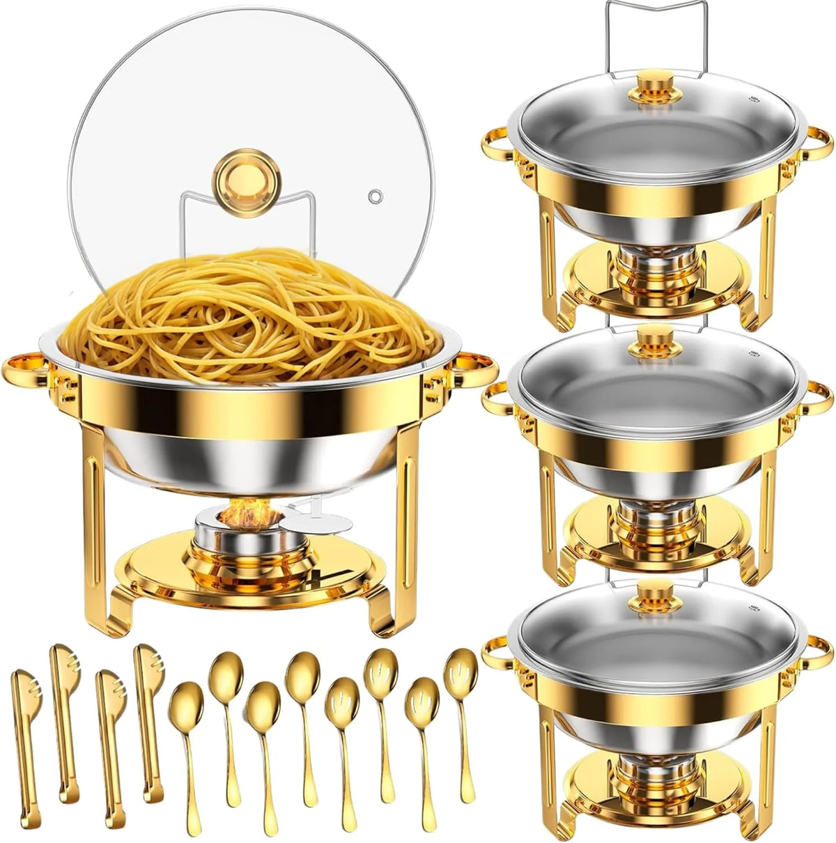 4 Pack Stainless Steel Chafing Dishes for Buffet. 9 QT Capacity 7 Pans Food Warmers for Parties. Weddings. Events Hosting. Family Gatherings. Full Set Catering Server with Serving Utensils Accessories