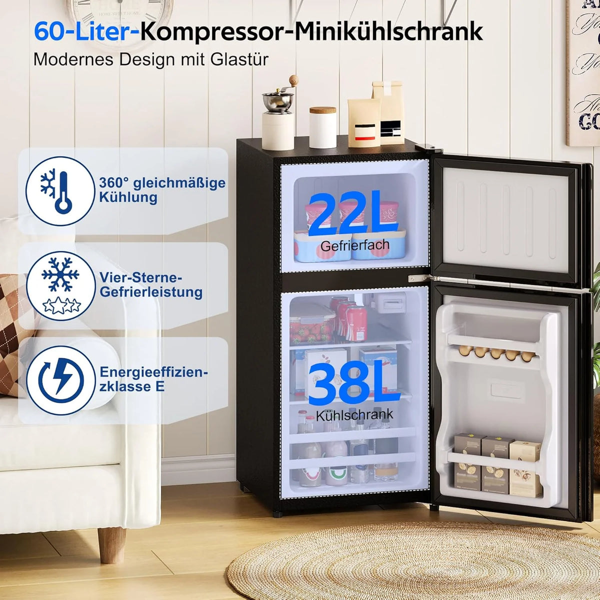 Merax Kühlschrank mit Gefrierfach. 60L Kleiner Kühlschrank. kompakt. Glastür. LED-Innenbeleuchtung. manuelle Temperaturregelung. Glasablagen. 45 dB(A)