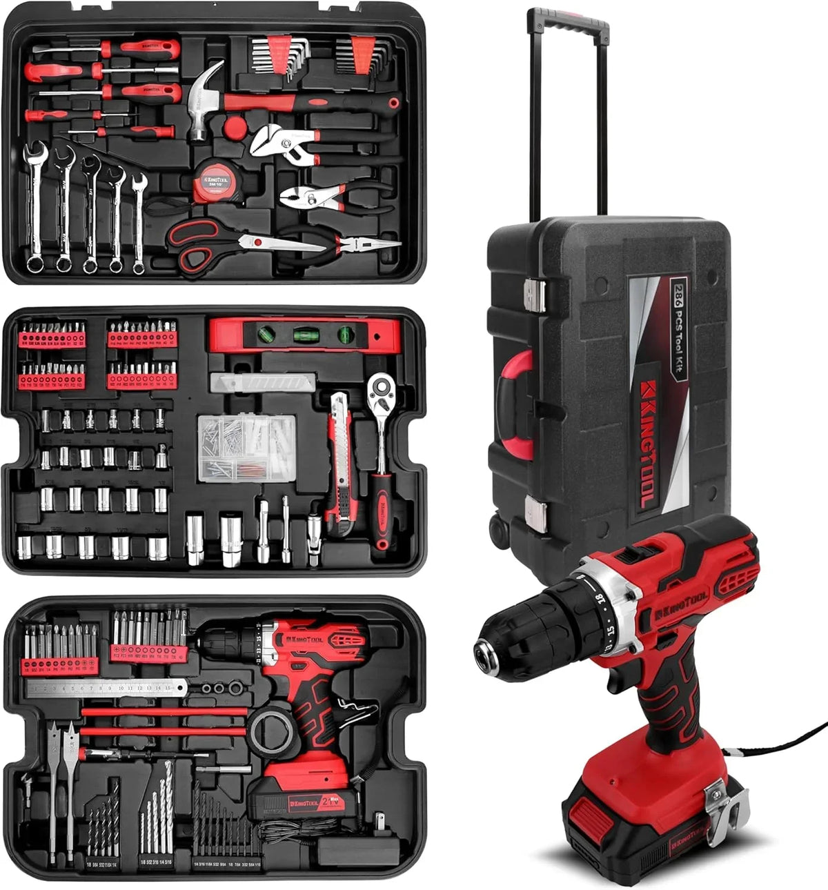Home Tool Set Kit - 286 PCS Home Auto Repair Tool Kit with Rolling Tool Box. Mechanic Tool Sets with 21V Max Cordless Power drill. Perfect for