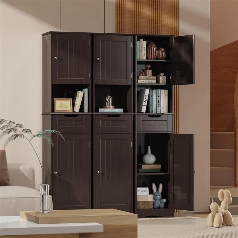 67 Inch Tall Narrow Bathroom Linen Cabinet. 5-Tier Solid Wood Freestanding Storage Cabinet