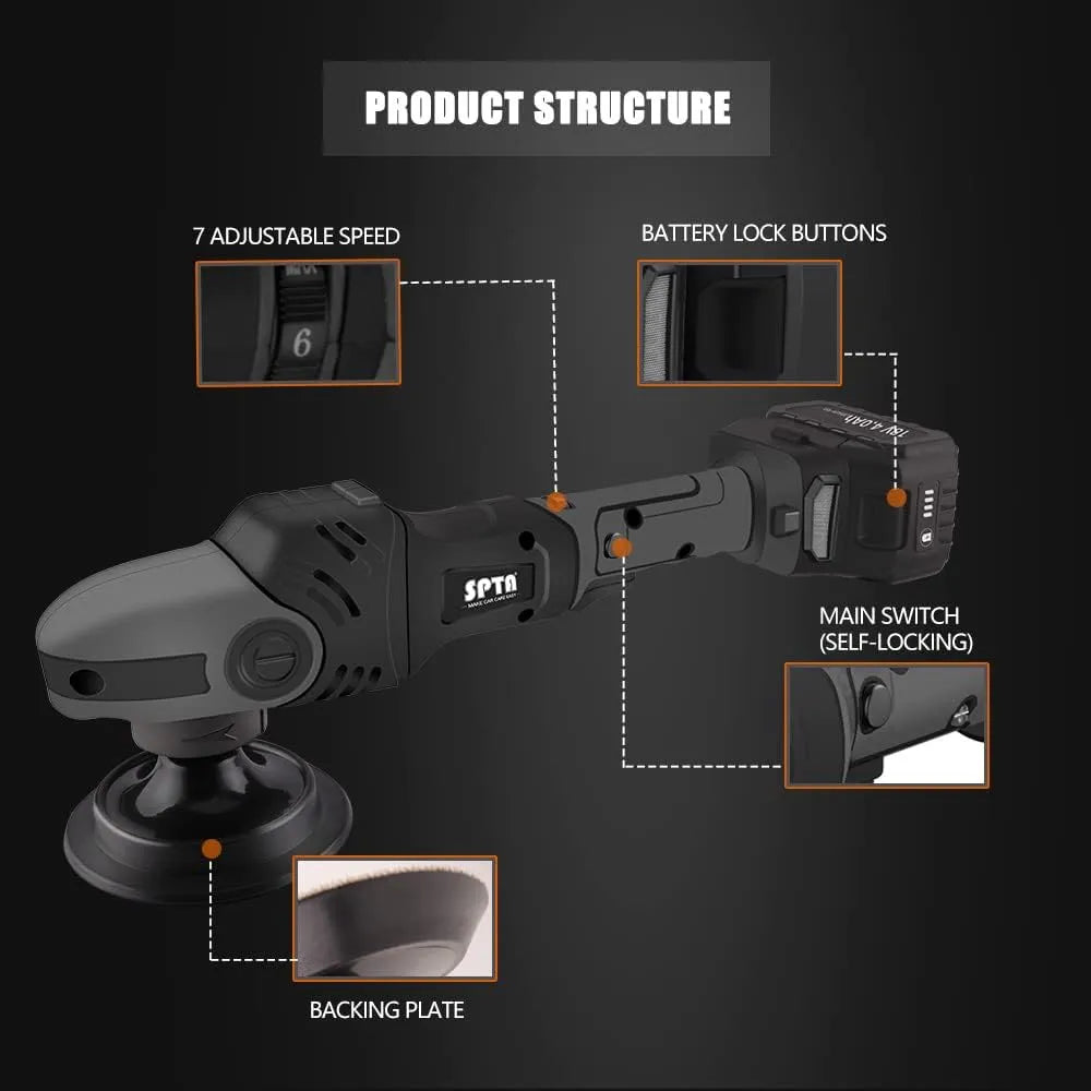 Buffer Polisher. 18V Cordless Rotary Polisher. 4Inch & 5Inch Car Polisher with 7 Variable Speed 2Pcs 4.0Ah Battery. 2 Backing Plate. 6 Polishing Pads. 2 Wool Pads for Car Polishing and Waxing