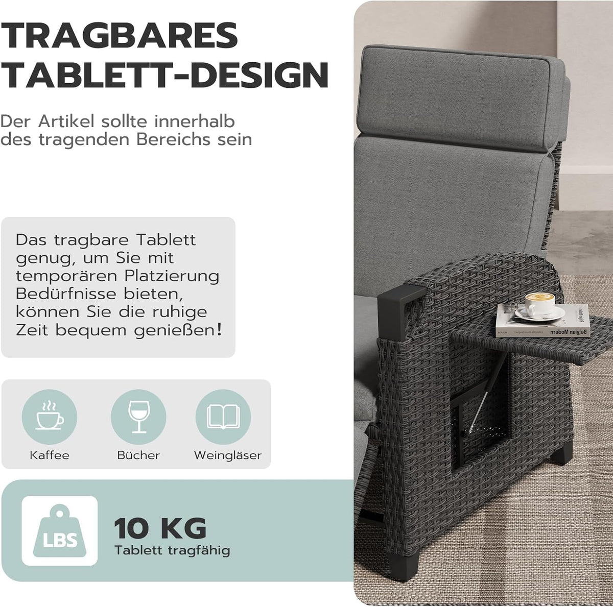 UDPATIO Sillón Ratán Jardin Exterior Reclinable. Tumbona de Jardín Ajustable 150°. con Respaldo Ajustable. Fundas + Extraíbles Cojines. Impermeable.