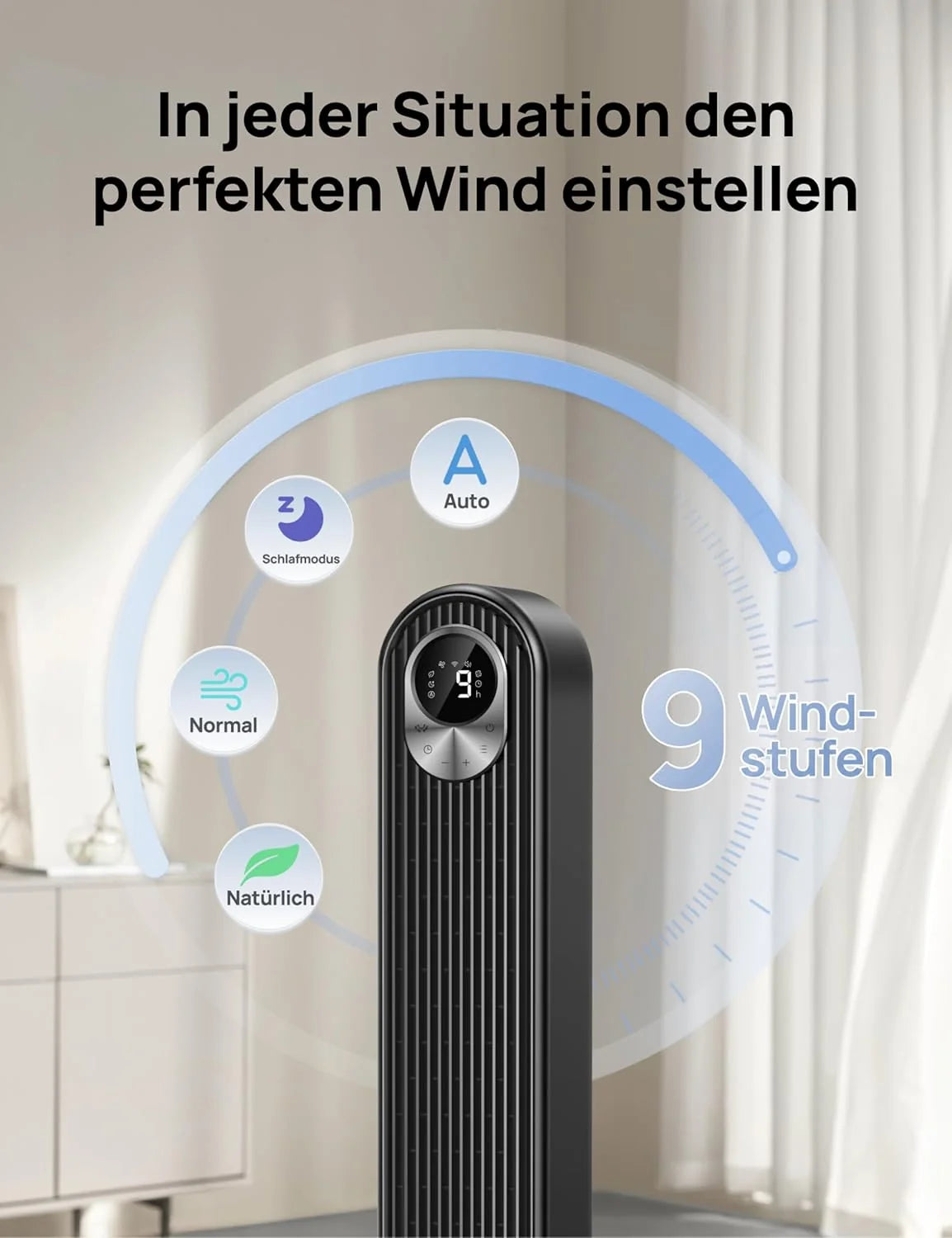Dreo Smart 20dB DC Motor Turmventilator Leiser. 11M Windentfernung Ventilator mit Fernbedienung.9 Stufen 4 Modi. 90° Oszillierender Standventilator