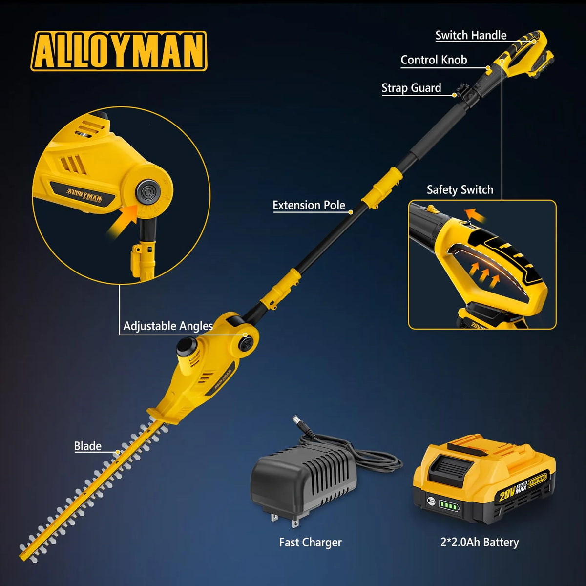 20V MAX Cordless Pole Hedge Trimmer. 2 x 2.0Ah Batteries and Charger Included