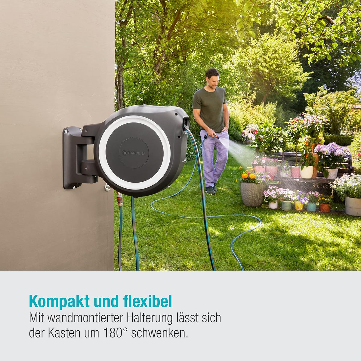 Gardena Wand-Schlauchbox RollUp M/L (weiß) 25 m: flexible Bewässerung für mittelgroße bis große Gärten. Schwenkbare Schlauchbox. inkl. 25 m Gardena