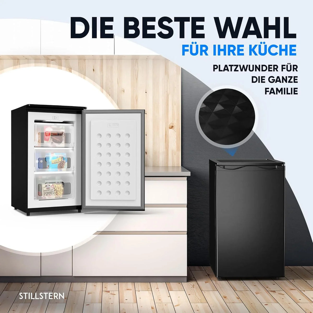 Stillstern Gefrierschrank C (73L) 4-Sterne-Gefrierfach -18°C ger. Energiever. Mini Freezer mit 3 Fächer. stufenlos reg. Temp.. kleine Tiefkühltruhe.