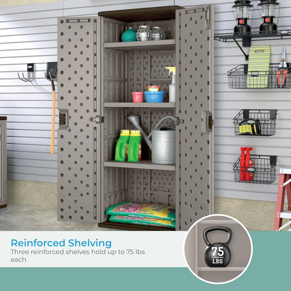 72-Inch Platinum Resin Storage Cabinet with Durable Double-Wall Construction. and Metal-Reinforced Shelves for Basement. Utility Room and Garage Storage. Platinum. Made in the USA