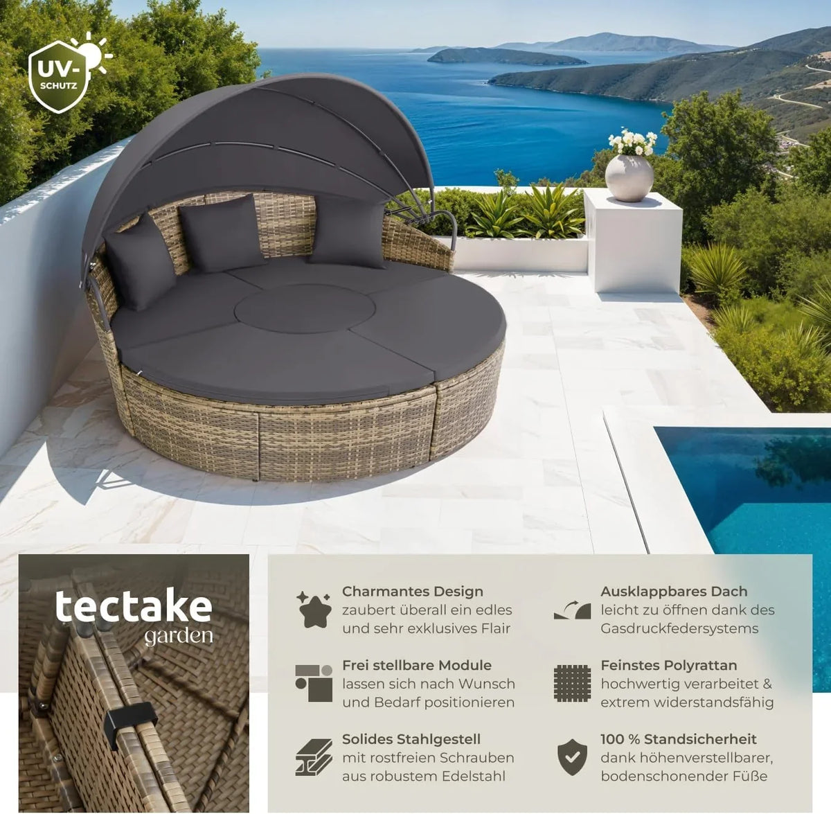 tectake Lounge Muschel Sonneninsel Outdoor wetterfest. Gartenmuschel. Sonnenliege 2 Personen und mehr. multifunktionales Terrasse oder Balkon Möbel.