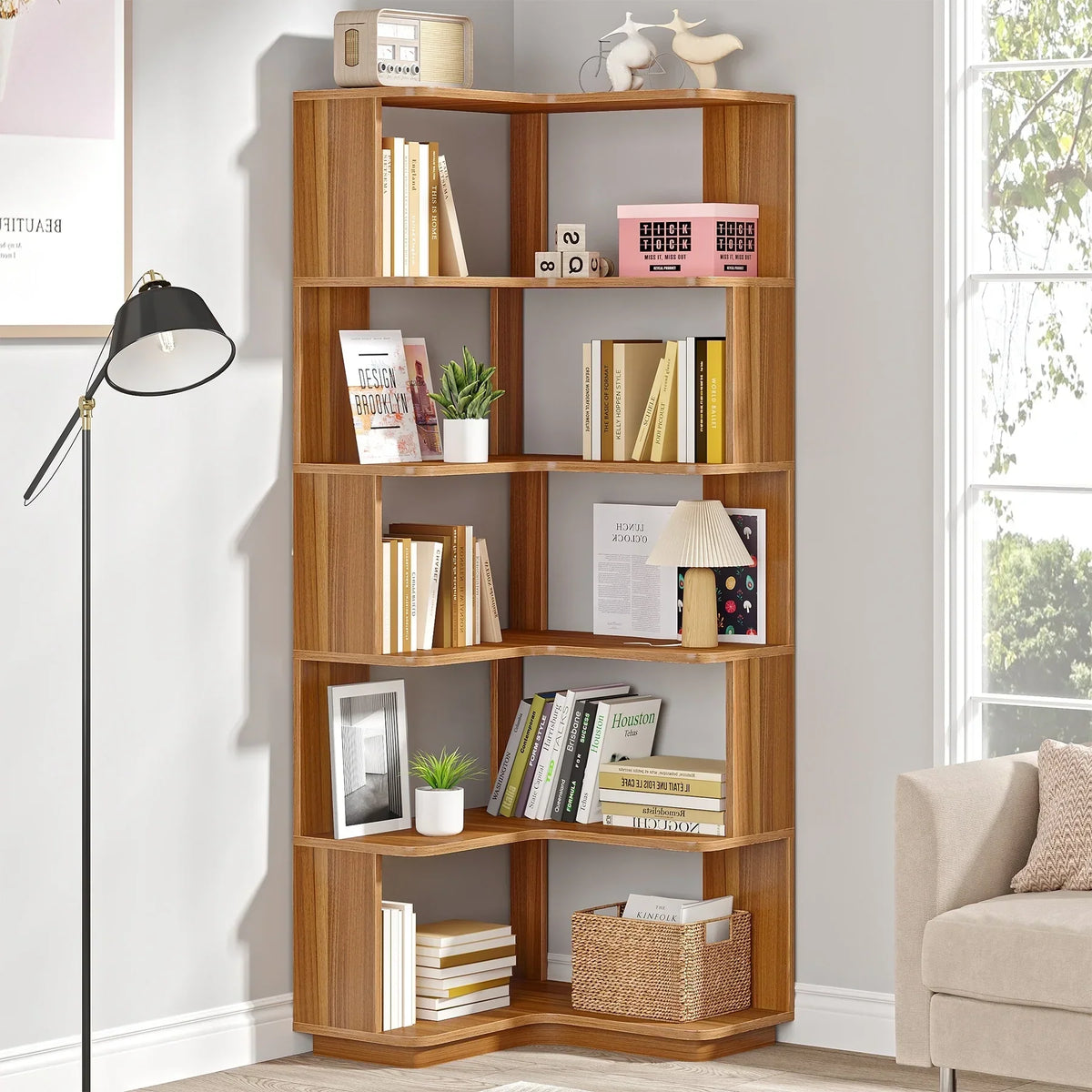 64.9 Inch Tall 6-Tier Corner Bookshelf. Freestanding Wood Industrial Bookcase