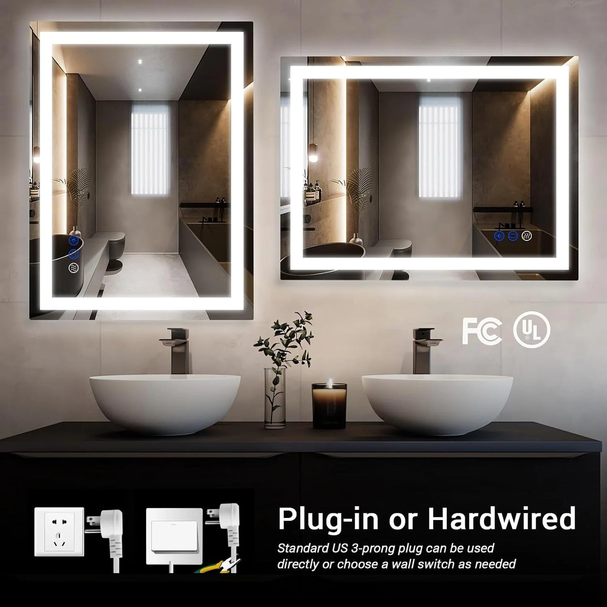 LED wall-mounted makeup mirror with lights - suitable for wall-mounted large makeup tables. Features intelligent touch buttons. anti-fog. water resistance. adjustable dimming. color adjustment. and magnifying glass function.
