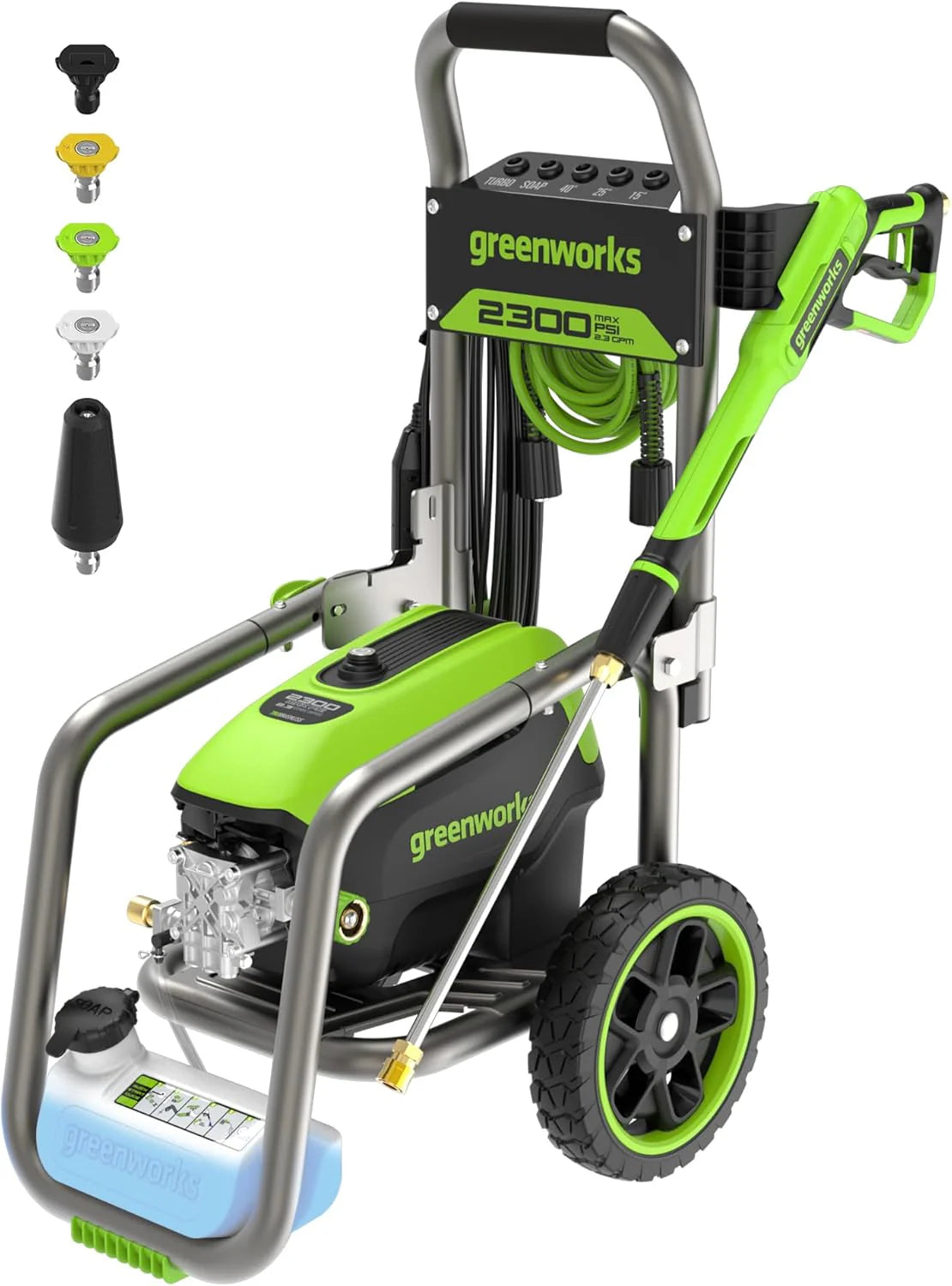 2300 pounds/square inch true brushless electric high-pressure cleaning machine (2.3 gallons/minute). 25 feet hose. quick-connect nozzle. 15°. 24°. 40° soap nozzles and turbine nozzle