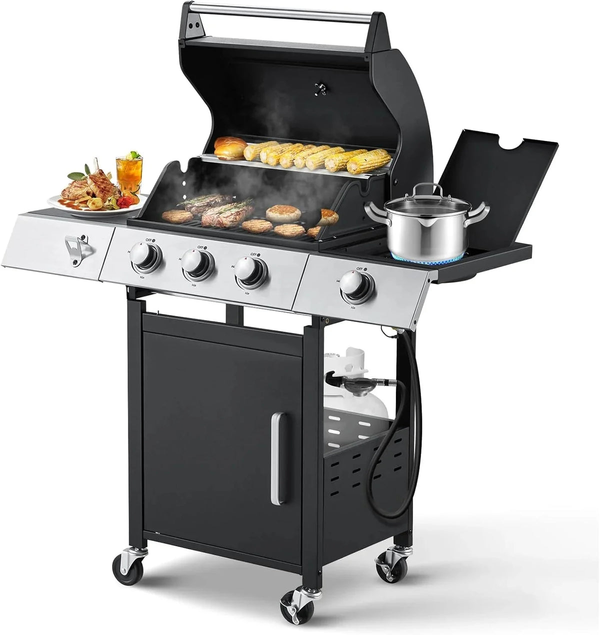 4-Burner Propane Gas Grill with Cast Iron Grates. Side Stove and 44.000 BTU Stainless Steel Burners