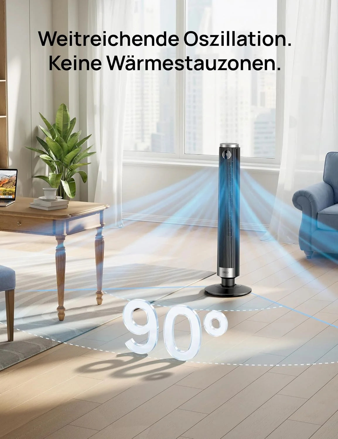 DREO Smart 102–114cm Turmventilator fürs Schlafzimmer. Höhenverstellbar. 8.4m/s. DC-Motor. 9 Stufen. 4 Modi. 90°-Oszillation. Standventilator. 20dB