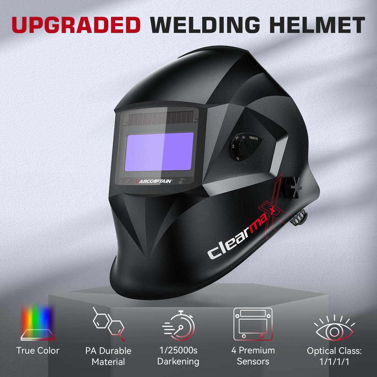Welding Helmet Auto Darkening. True Color Solar Powered Welding Mask with 4 Arc Sensor. 1/1/1/1 Optical Clarity and Adjustable Shade 4/9-13 Welder Helmet