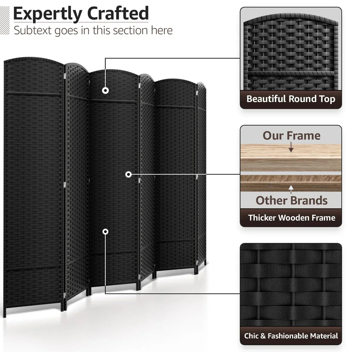 6 Panel Room Divider. 6ft Tall Extra Wide Folding Privacy Screen with Hand-Woven Mesh Panels