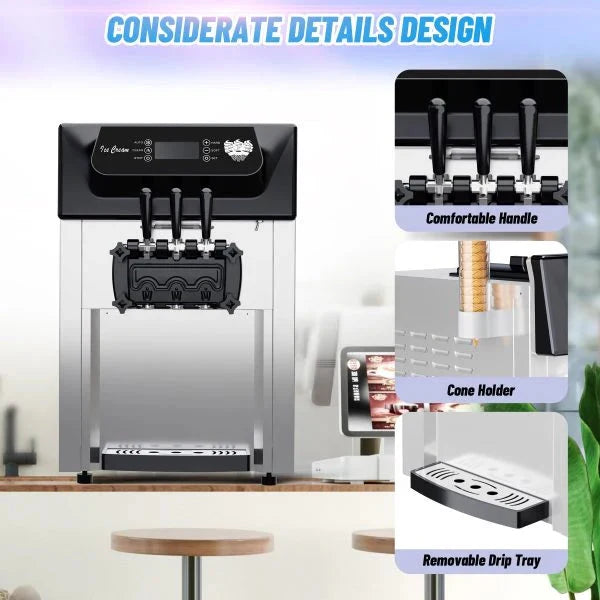 2200W 3-Flavor Soft Serve Ice Cream Machine. 5.3–7.4 Gal/Hr. LCD Touch Screen. Automatic Cleaning