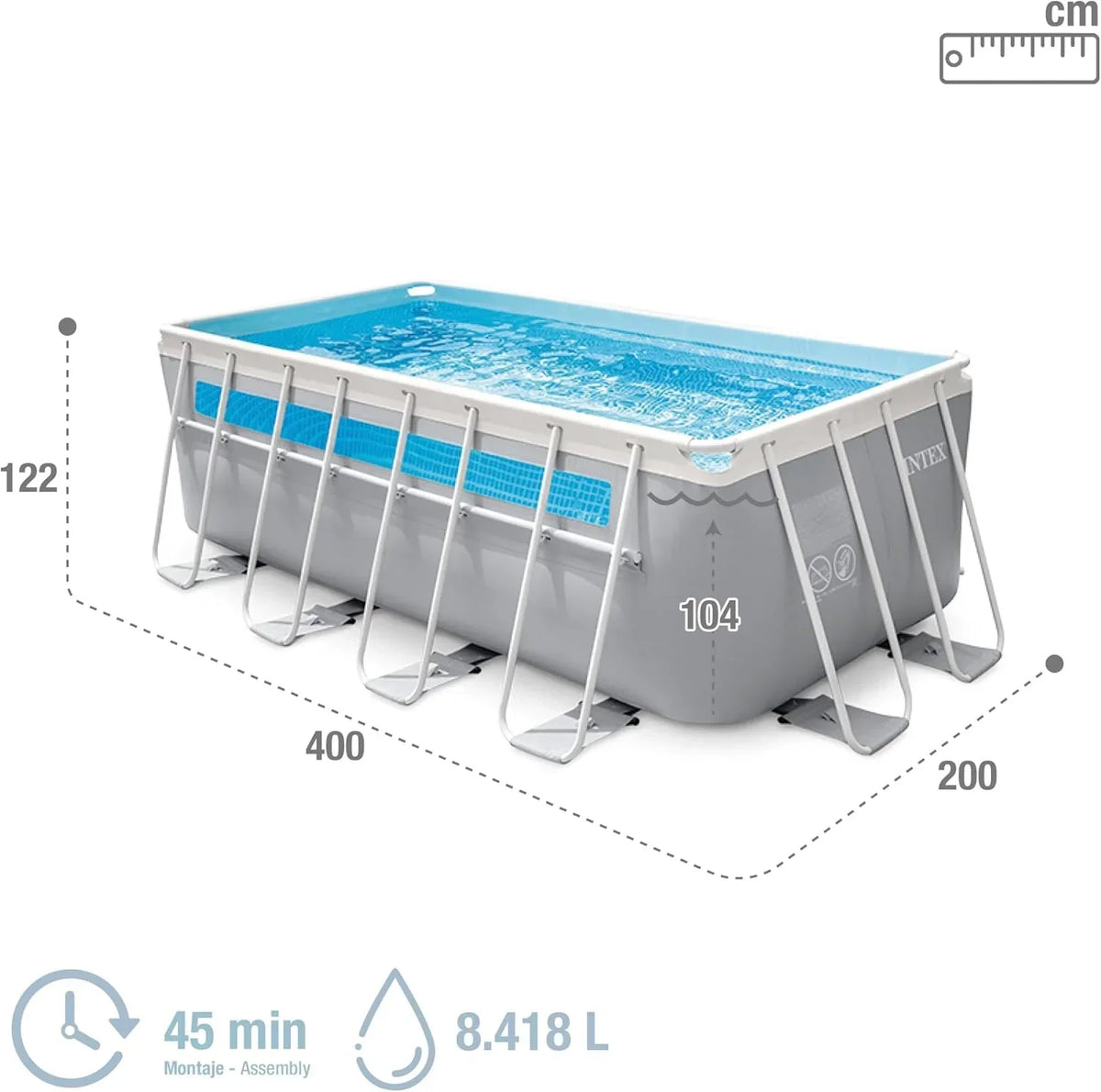 Intex Piscina Desmontable Rectangular Prism Frame. 400x200x122 cm. Material Triple Capa. Capacidad 8.418 L. Ventana panorámica. Tapiz. Cobertor.