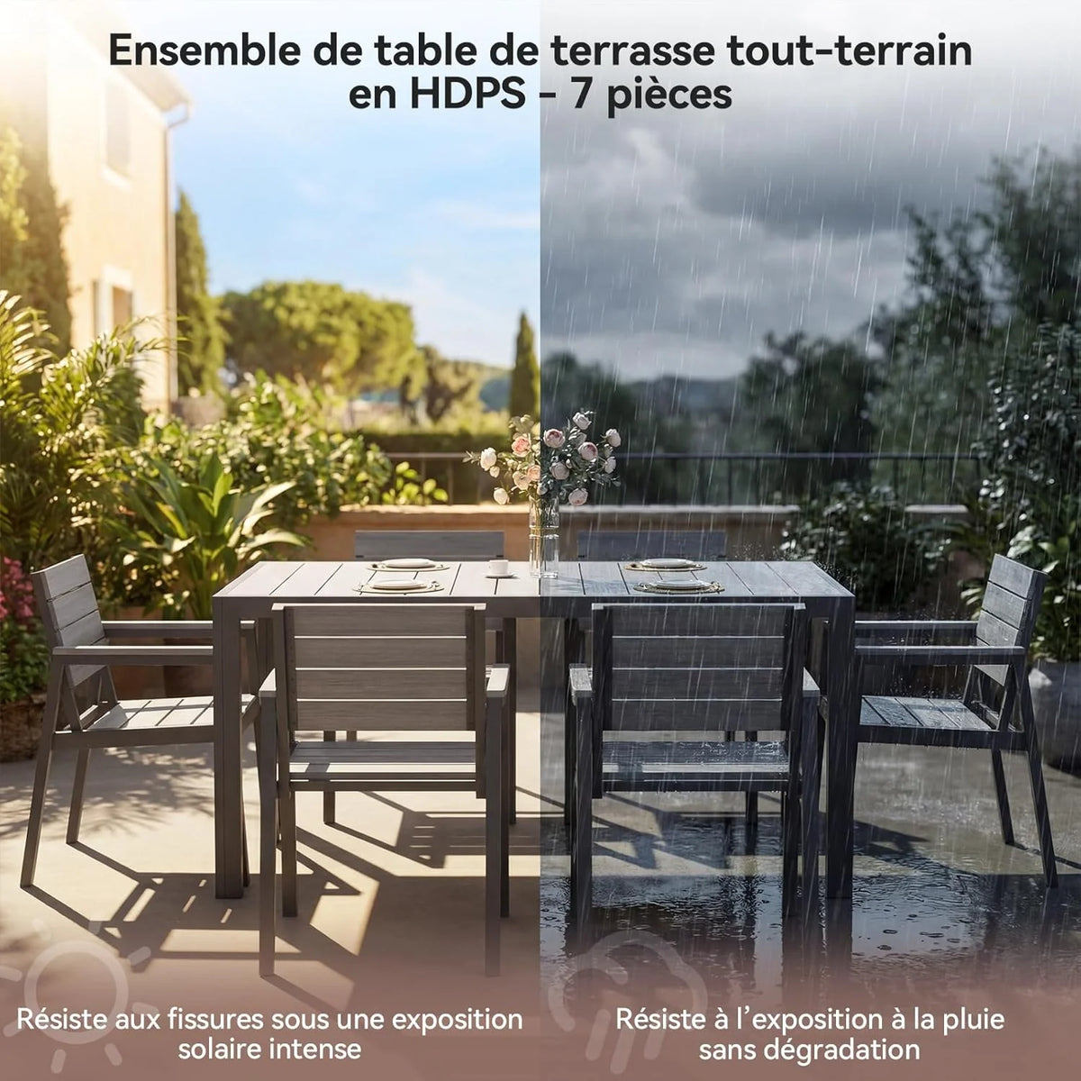Devoko HDPS Conjunto de jardín de exterior de 7 piezas. resistente a la intemperie.con mesa de 150 cm y 6 sillas de jardín de exterior de aluminio.