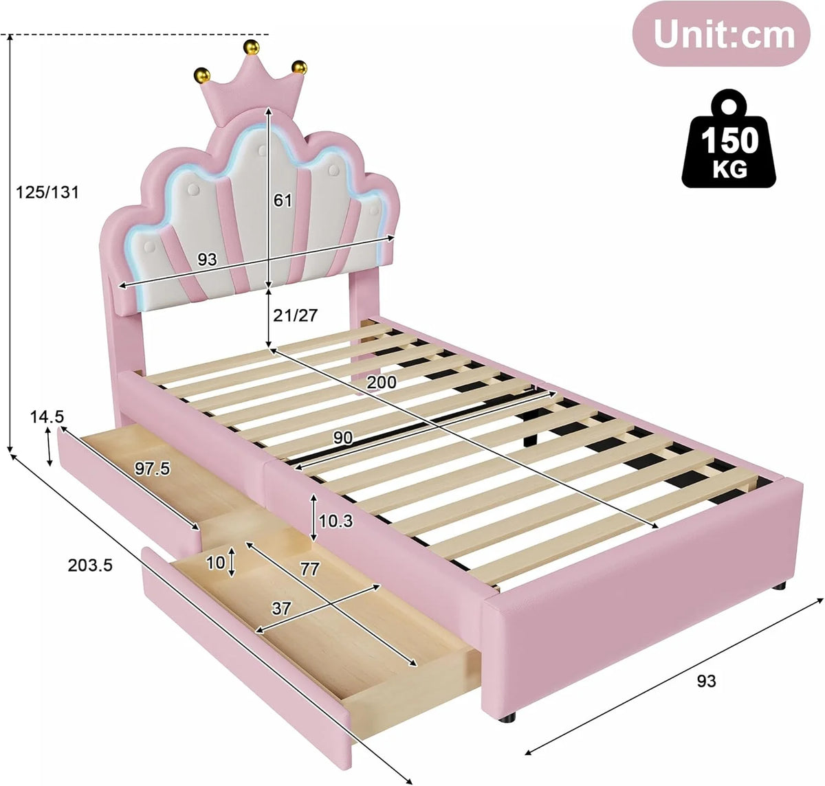 Kinderbett Polsterbett 90x200. Kronenförmiges Prinzessinnenbett. Einzelbett mit LED und 2 Schubladen. Bettgestell für Mädchen. mit Verstellbares