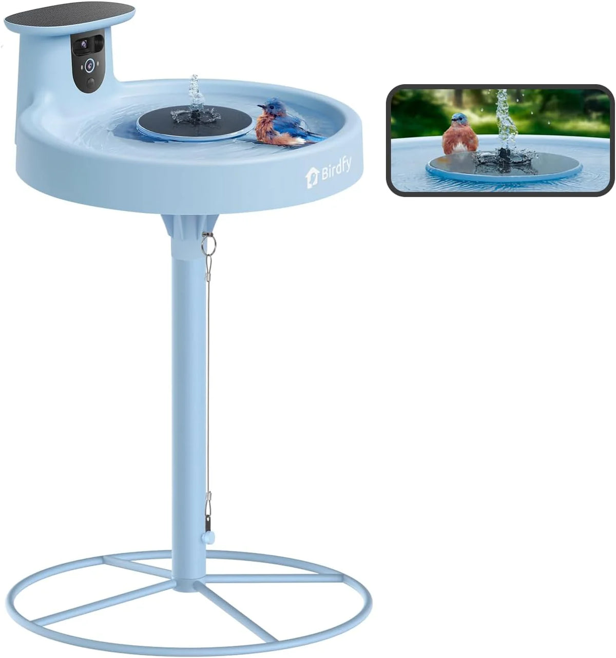 Smart Bird Bath. equipped with a camera. solar power supply. fountain and stand. It features a dual-lens camera for bird observation. automatically captures bird videos and has motion detection functionality.