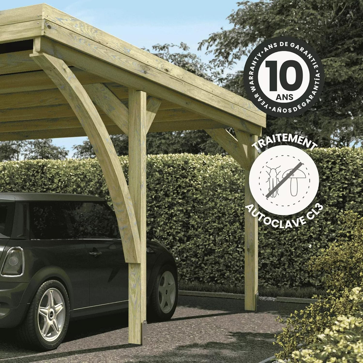 Forest Style - Cochera Doble Victor Modern 30.9 m² (6.02 x 5.11 x 2.52 m) – Madera de Pino Tratada – Techo de Policarbonato – Aparcamiento Cubierto