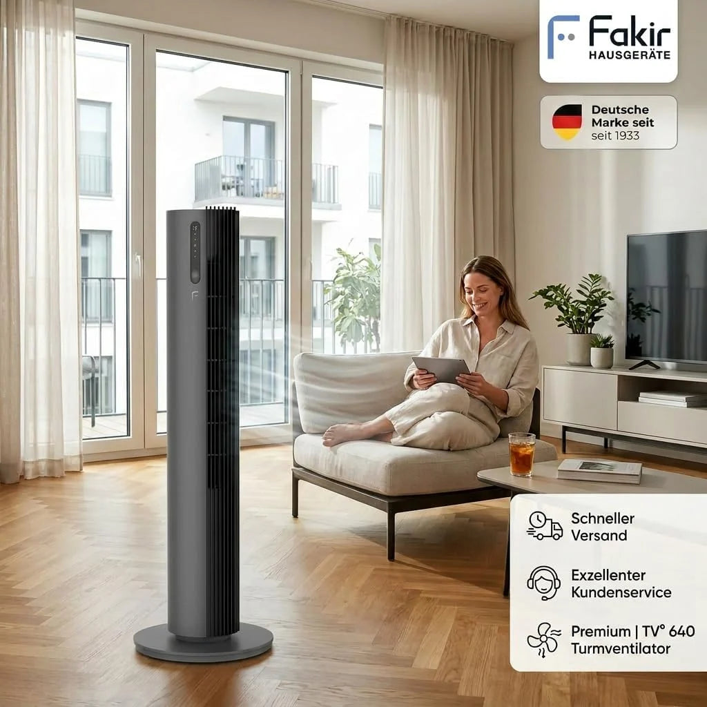 Fakir premium TV° 640 Turmventilator - Leiser Lüfter mit 32dB(A). DC-Motor. 12 Stufen. 12h Timer. LED-Display. Fernbedienung & 90° Oszillation.