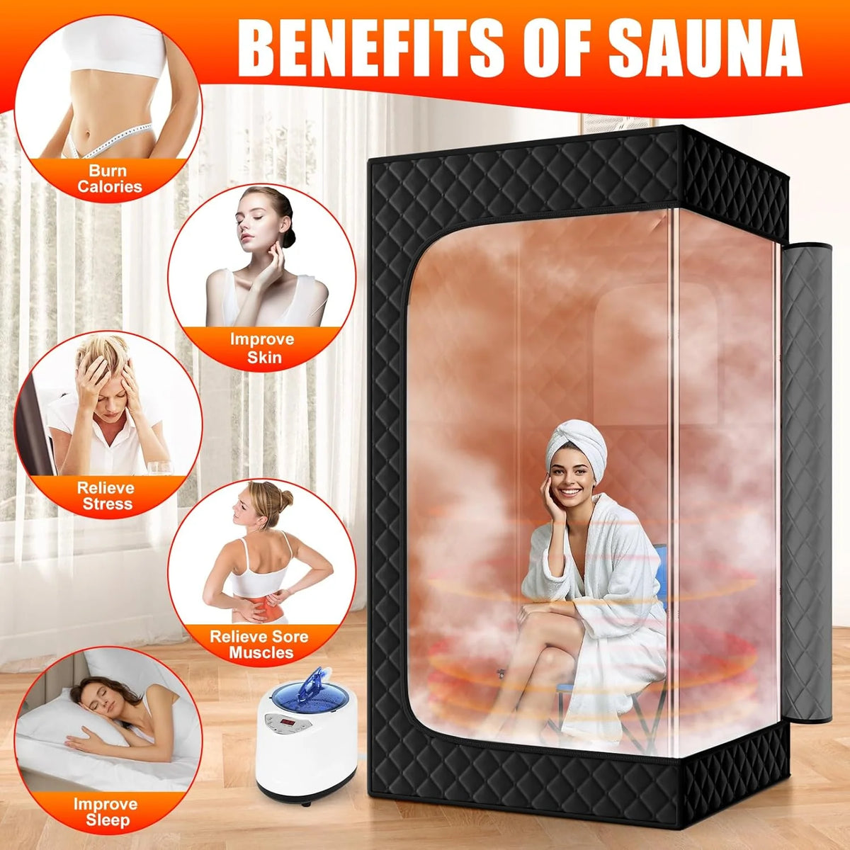 Upgraded Sauna Box for Relaxation. Detoxification. Portable Steam Sauna for Home with Steamer. 9 Levels. 2.6' x 2.6' x 5.9'