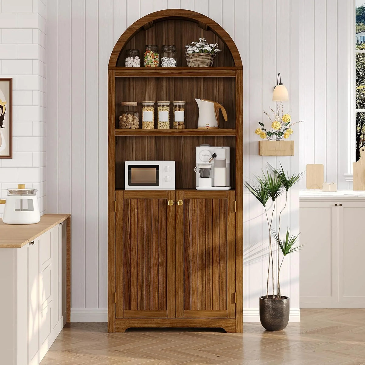 72'' Tall Farmhouse Bookcase. 5 Tier Arched Bookshelf with Double Doors & Adjustable Shelf. Display Storage Shelves. for Bedroom. Living Room. Home Office