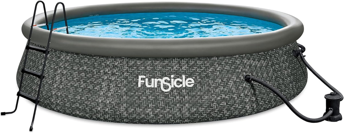 12 Foot by 36 Inch Quickset Round Inflatable Ring Top Outdoor Above Ground Swimming Pool Set with Pump and Cartridge Filter. Dark Herringbone