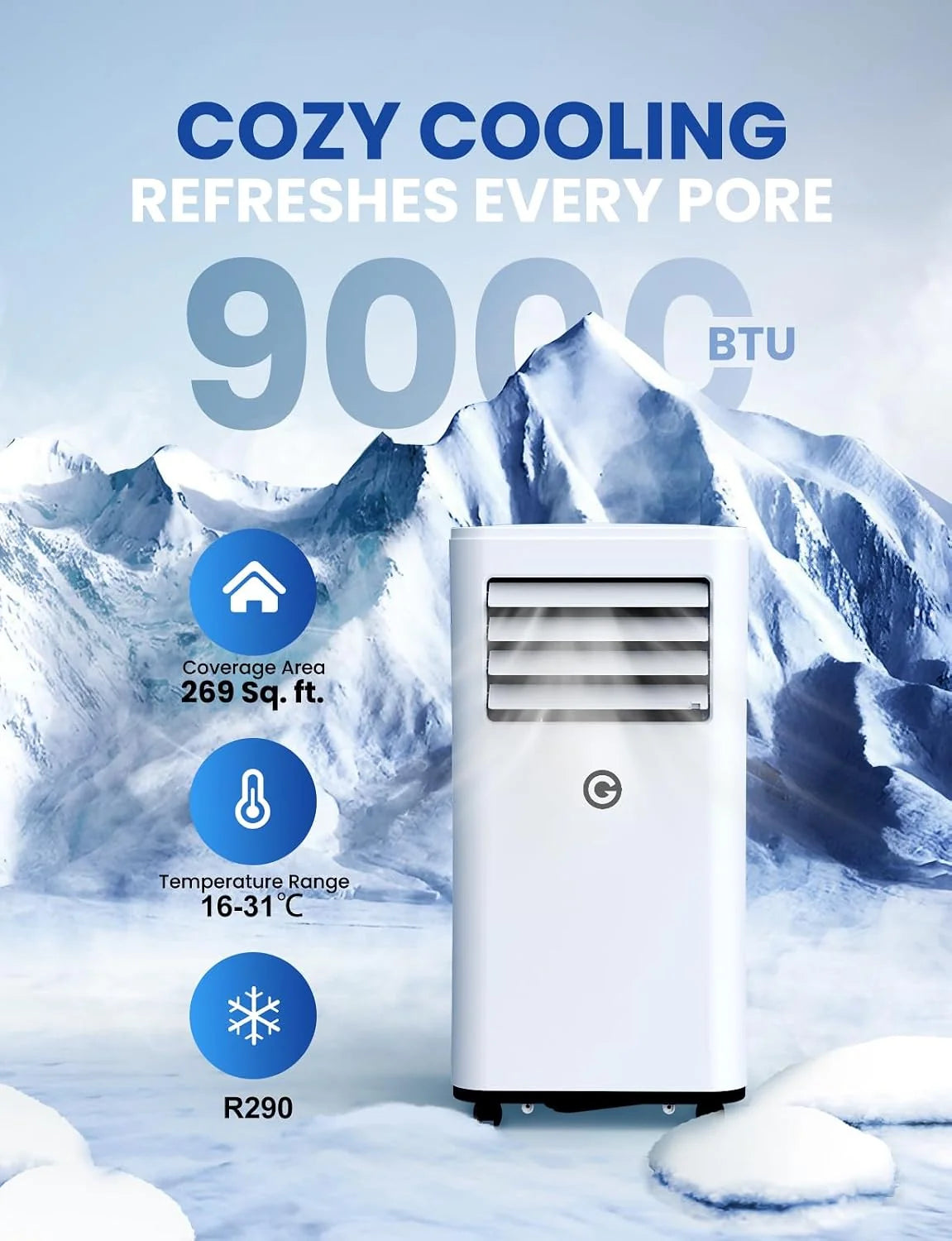 9000 BTU Aire Acondicionado Portátil. 4 en 1: Refrigeración. Ventilador. Deshumidificador y Modo Sueño. Silencioso. con Mando. Temporizador 24h y Kit