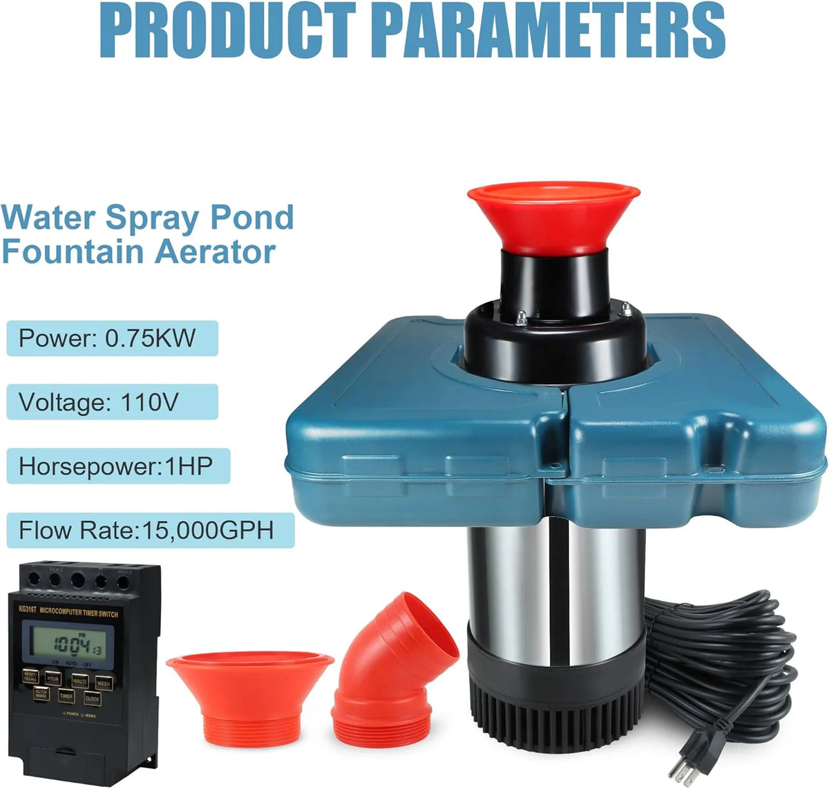 Pool fountain aerator. F2-2 type. 1 horsepower. 750 watts. 110 volts. stainless steel floating fountain. equipped with 100 feet power cord. suitable for fountain waterfalls pumps and hydraulic systems in small and large ponds and lakes.