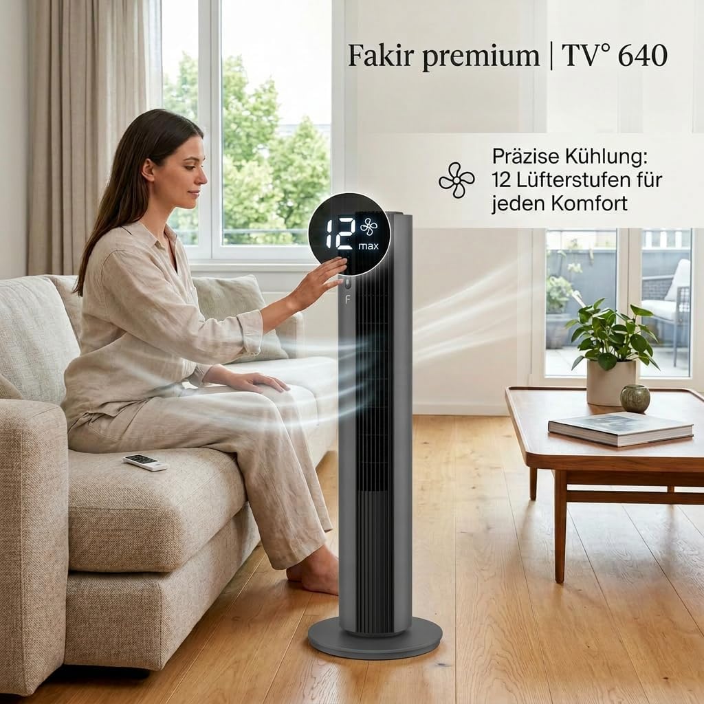 Fakir premium TV° 640 Turmventilator - Leiser Lüfter mit 32dB(A). DC-Motor. 12 Stufen. 12h Timer. LED-Display. Fernbedienung & 90° Oszillation.