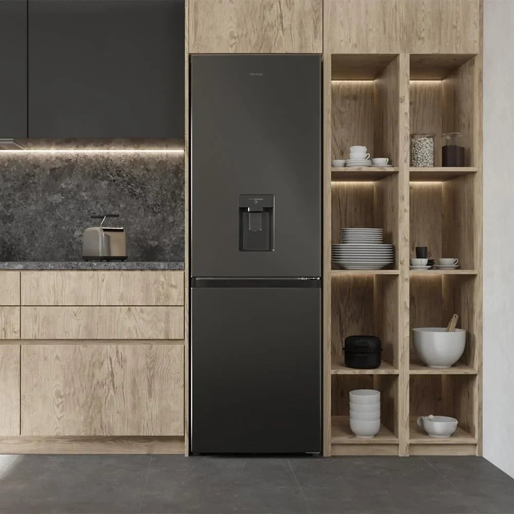 Cecotec Frigorífico Combi 2 Puertas con dispensador de agua Bolero CoolMarket Combi 296 DF WD Dark E. 296L. 60cm de ancho. Funciones FastCooling.