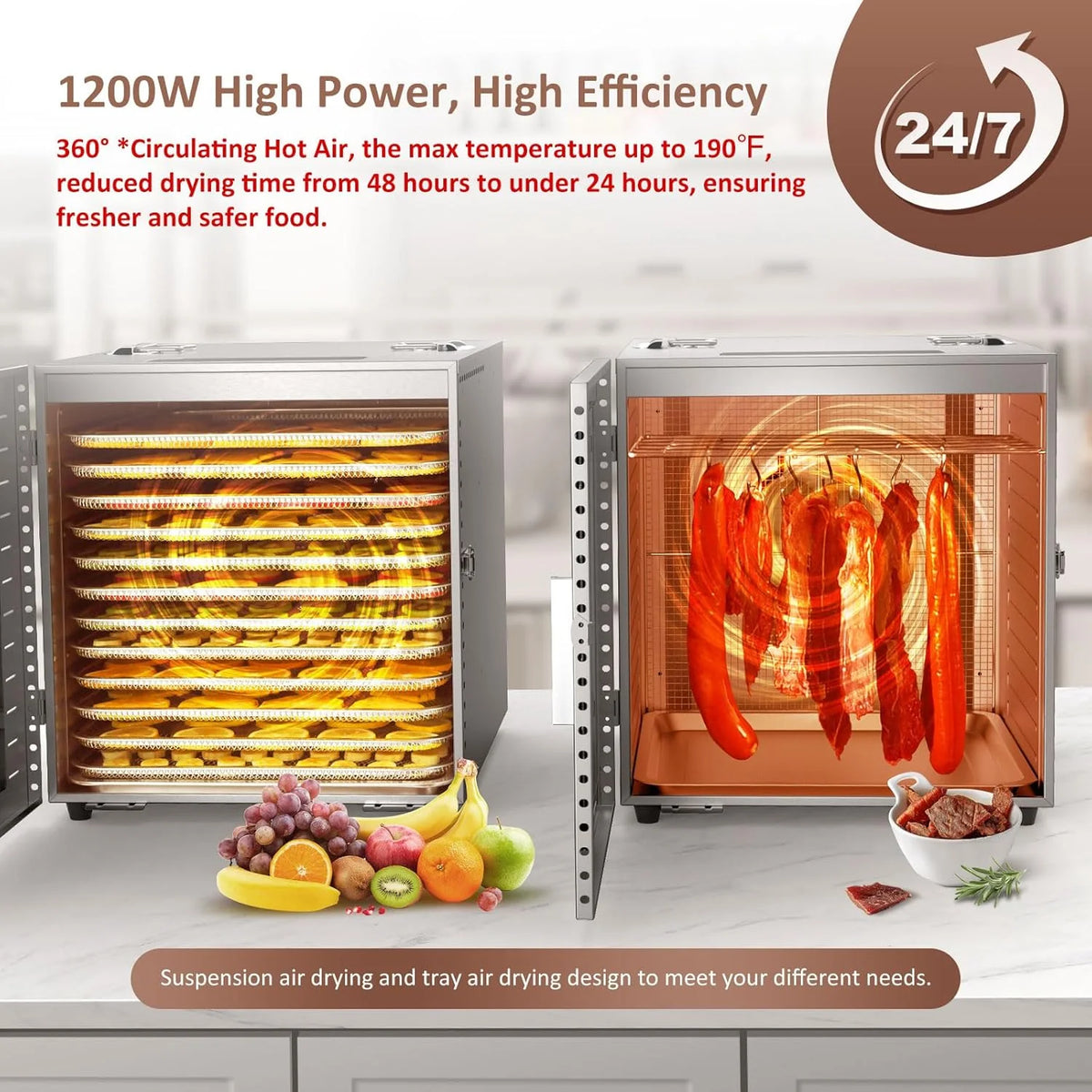 Commercial Large 12 Trays Food Dehydrator. Usable Area up to 22.67ft². 1200W Full Stainless Steel Dryer Machine. up to 190℉ Temperature. for Meat. Fruit. Veggies. Beef. Herbs. Pet Foods