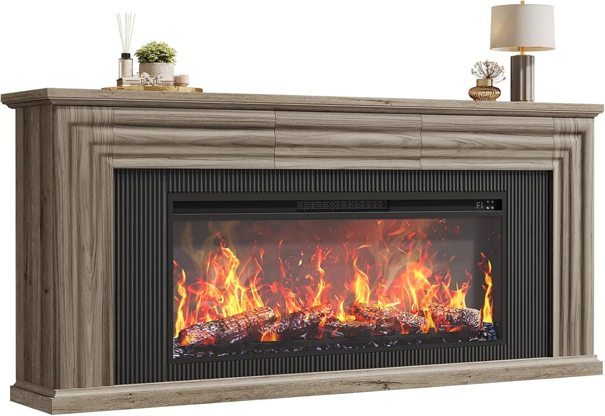 75-inch wall-mounted TV cabinet. rustic modern entertainment center with fireplace. 70-inch media cabinet with 3 drawers. featuring a recessed design. suitable for the living room. black version