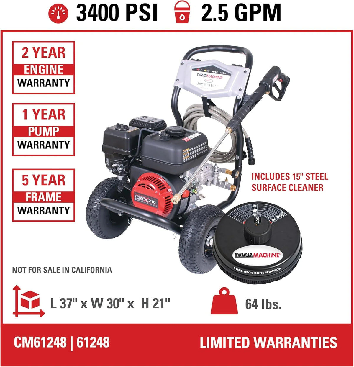 Cleaning CM61083 Clean Machine 3400 PSI Gas Pressure Washer. 2.5 GPM. CRX Engine. Includes Spray Gun and Wand. 4 QC Nozzle Tips. 5/16-in. x 25-ft. MorFlex Hose.